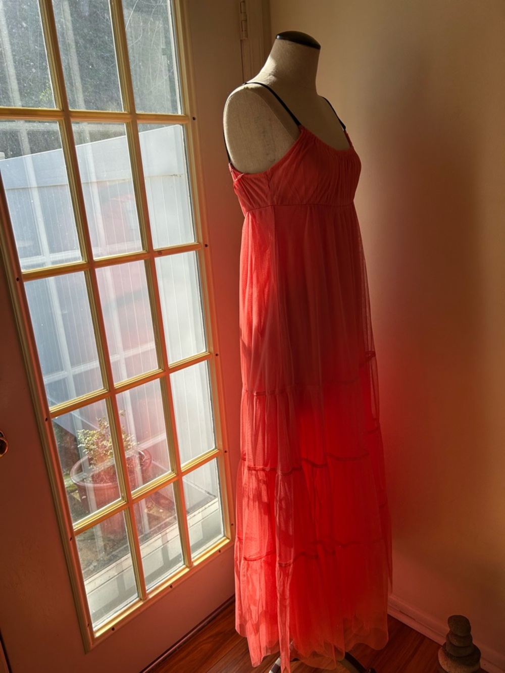 Maeve Anthropologie Coral tulle Maxi Dress with Spaghetti Straps Small - Picture 9 of 11